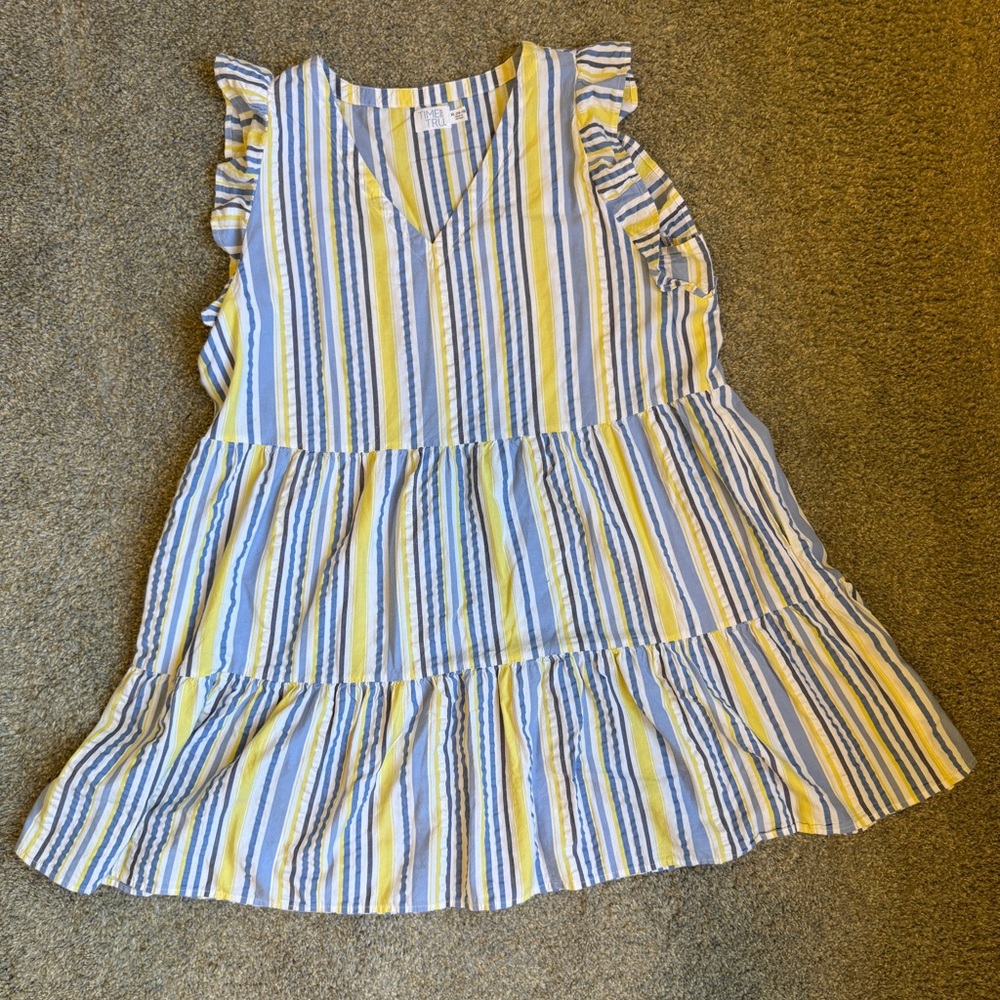 Yellow & Blue Striped seersucker Ruffle Sleeve Dress adult XL